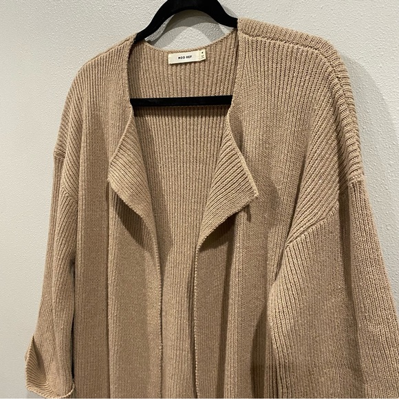 Mod Ref Longline Knit Cardigan Open Front Side Slits Beige Tan Medium - Picture 3 of 9